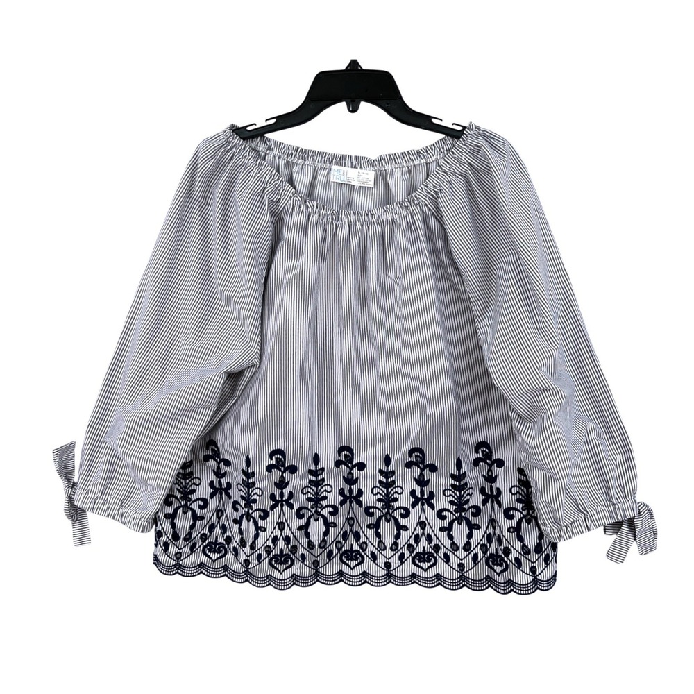 Time and Tru Off Shoulder Embroidered Eyelet Coastal Blouse XL Blue Pinstripe